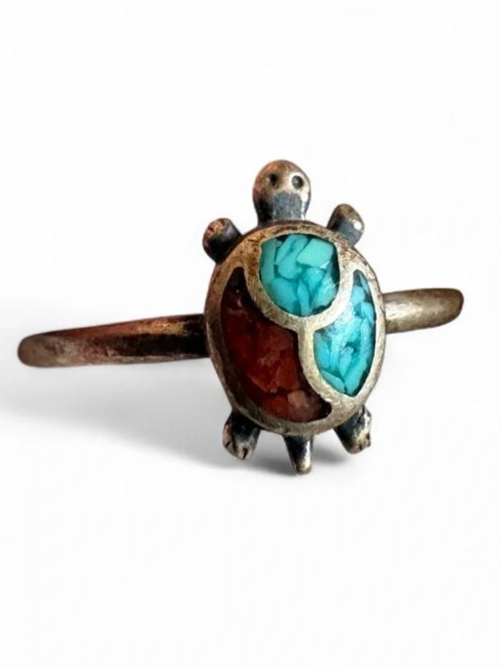 Vintage Native Sterling Silver Ring Turtle Turquoise Coral Inlay Navajo or Zuni
